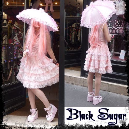 Robe Black Sugar Lolita Noir Lacet Devant Reglable Dentelle Rose Japonais Manga Soirée Déguisement Cosplay
