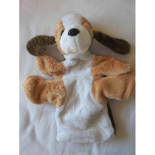 Doudou Marionnette En Peluche Nounours Passeport Tendresse Chien Blanc Marron Beige