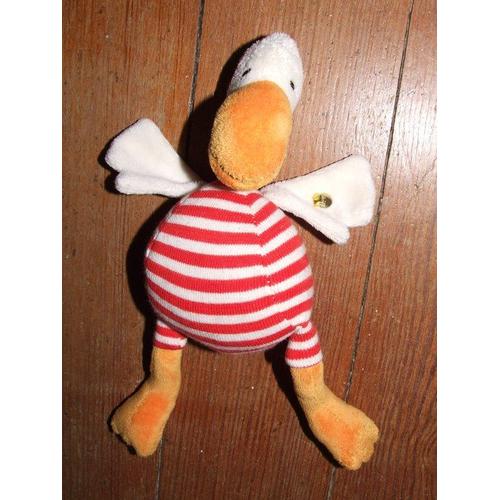 Doudou Peluche Steiff Oie Canard Oiseau Blanc Raye Rouge Bec Pattes Orange 25 Cms