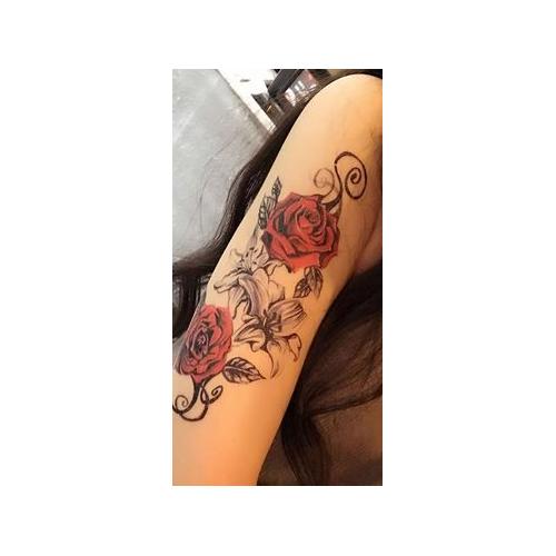 Tatouage Temporaire Ephémère Rose Rouge Et Fleurs Tatoo