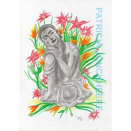 Bouddha Entouré De Fleurs Jaunes Et Rouges Dessin Aux Crayons Graphite Et Aquarellables