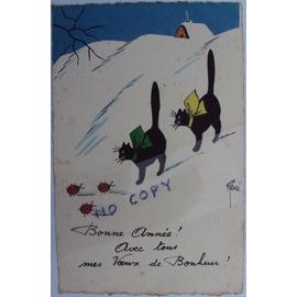 Carte De Voeux Ancienne Deux Chats Trois Coccinelles Dans La Neige Dessin Signe Rene Rakuten