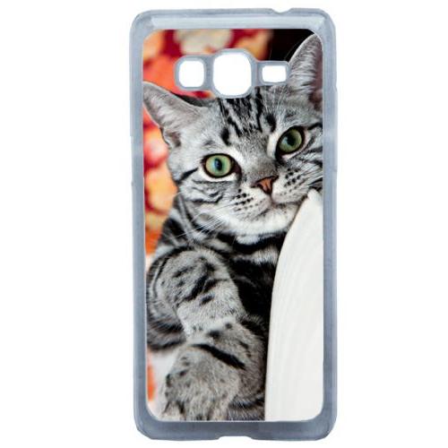 Coque Pour Smartphone Chat Tigré Gris Yeux Vert Compatible Avec Samsung Galaxy Grand Prime Plastique Bord Transparent