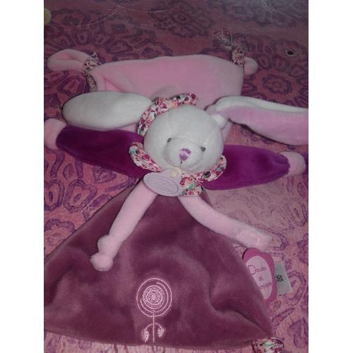 Doudou Lapin Attache Sucette Doudou Et Compagnie Blanc Violet Rose Fleurs