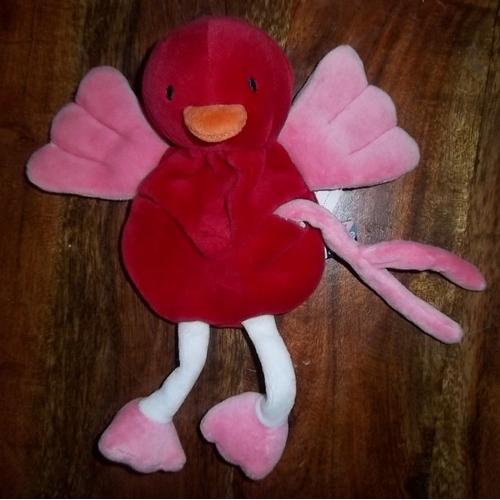 Doudou Peluche Oiseau Tetinou Sucre Dorge Rouge Colibri Rouge Rose Bec Orange