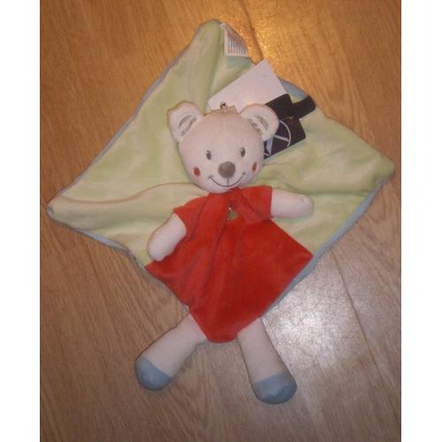 Doudou Peluche Ours Bear Bär Orso Teddy Plat Vert Anis Rouge Dessous Bleu Kiabi Nicotoy Jogystar Oiseau Brodé