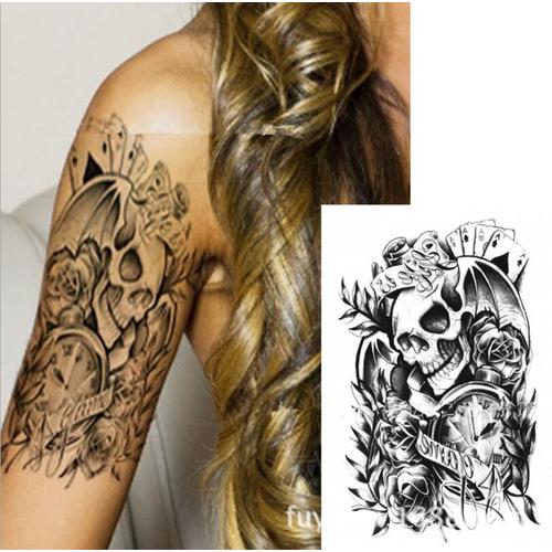 Tatouage Tete De Mort Motard Grand Tatouage Temporaire Rose Autocollant Horloge Tète Mort Gothique