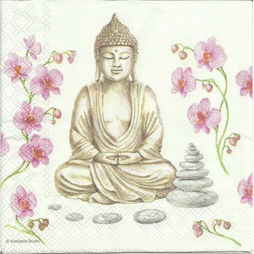 Lot De 2 Serviettes Déco Papier Bouddha Et Fleurs De Lotus