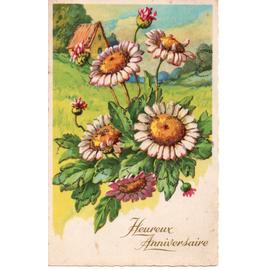 Marguerites Heureux Anniversaire Carte Ancienne Fleurs Avec Incrustations