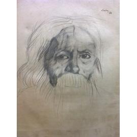 Portrait De Vieux Ancien Dessin En Crayon Sur Papier